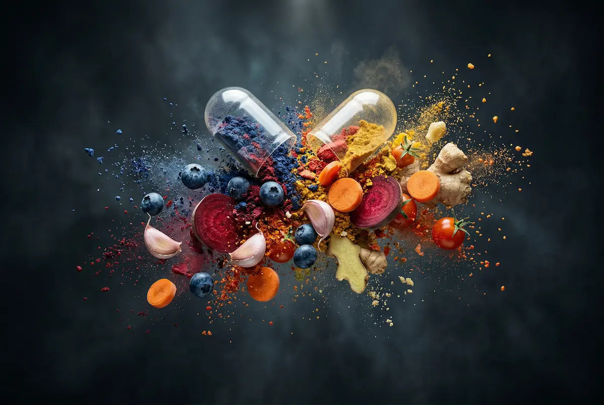 Dynamic composition of whole foods transforming into supplement capsules, illustrating nutrition-to-supplement concept.