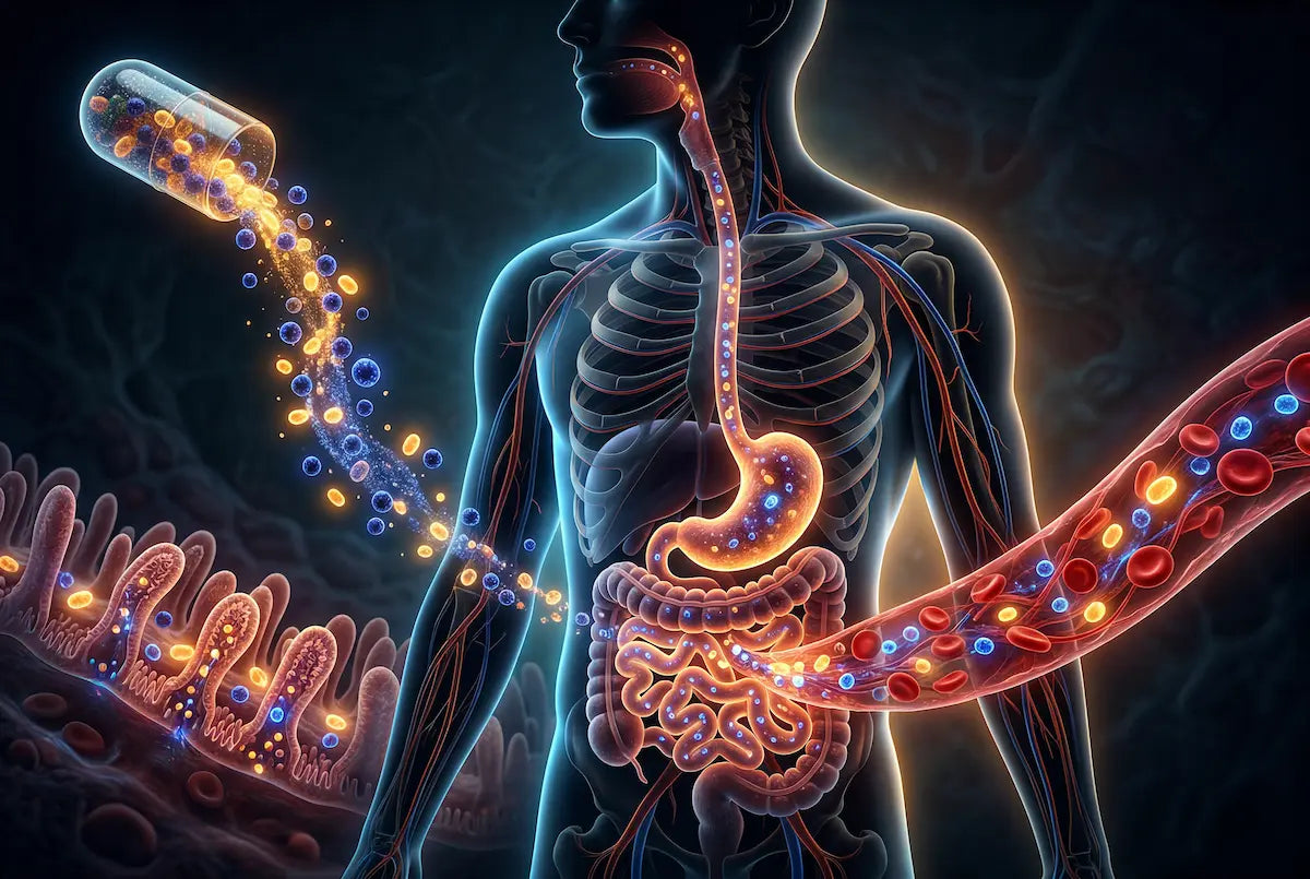 Illustration of oral supplement capsule dissolving and releasing nutrients through the digestive system into the bloodstream.