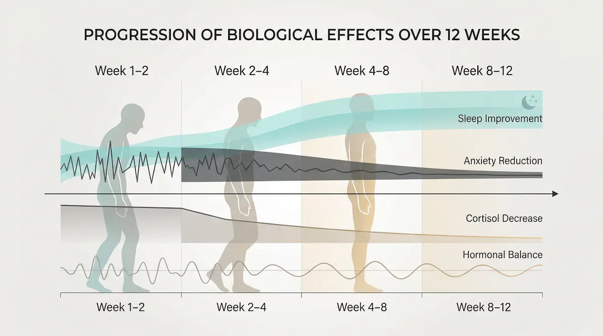 12-week progression chart showing improvements in sleep, anxiety reduction, cortisol decrease, and hormonal balance, with human silhouettes evolving over time.