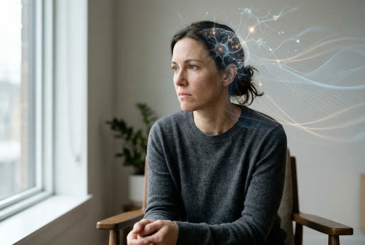 Woman sitting thoughtfully by a window with subtle neural network overlay, representing stress, mental load, and brain activity.