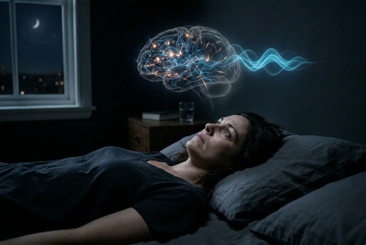 Woman lying awake in bed at night with illuminated brain activity overlay, representing racing thoughts and insomnia.
