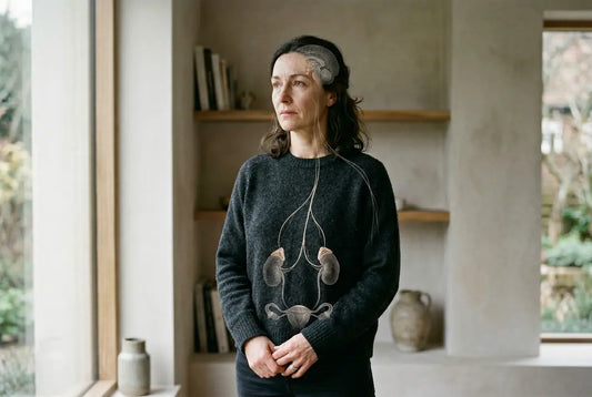 Woman standing indoors with overlay of brain and adrenal system, illustrating connection between stress and hormonal regulation.