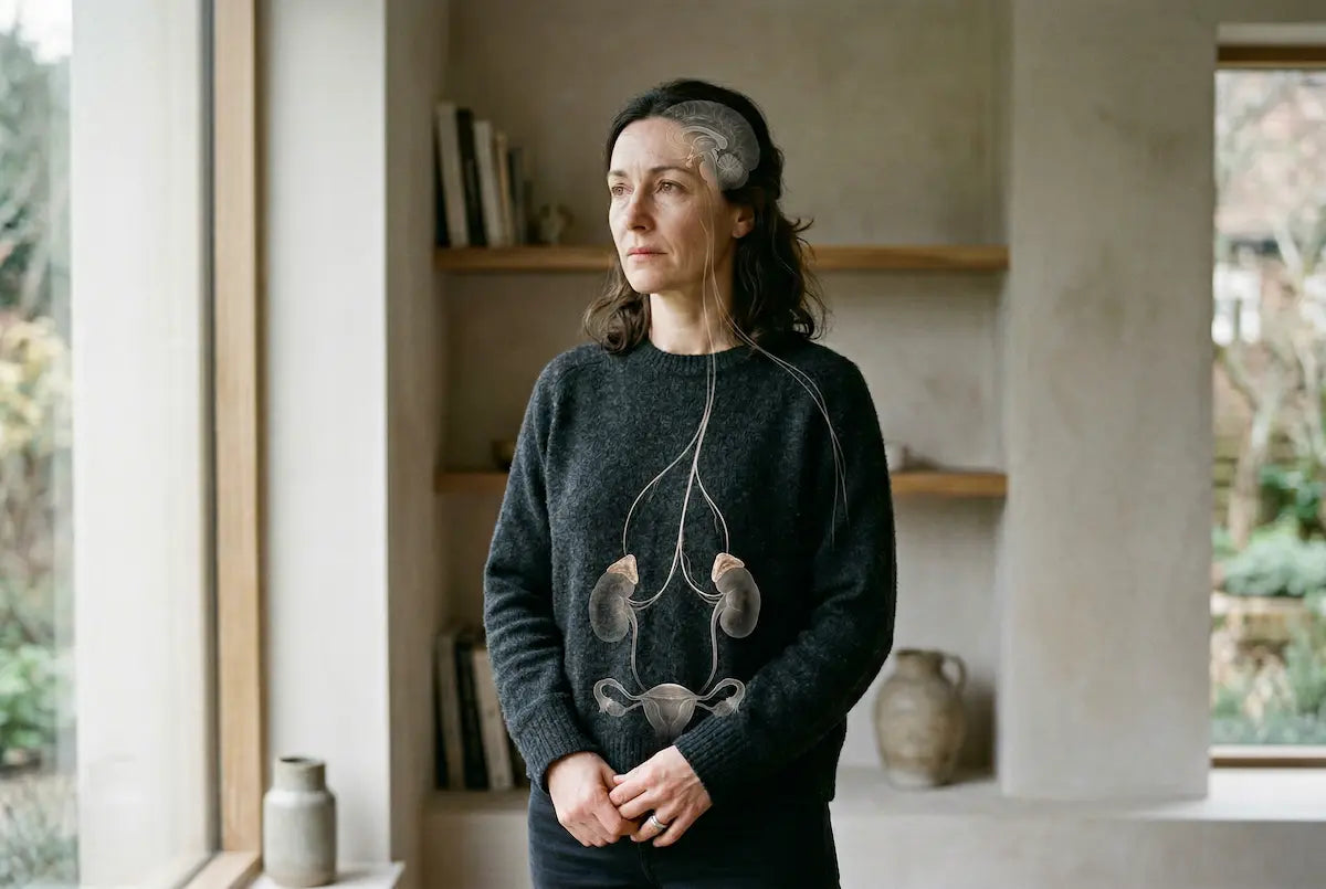 Woman standing indoors with overlay of brain and adrenal system, illustrating connection between stress and hormonal regulation.