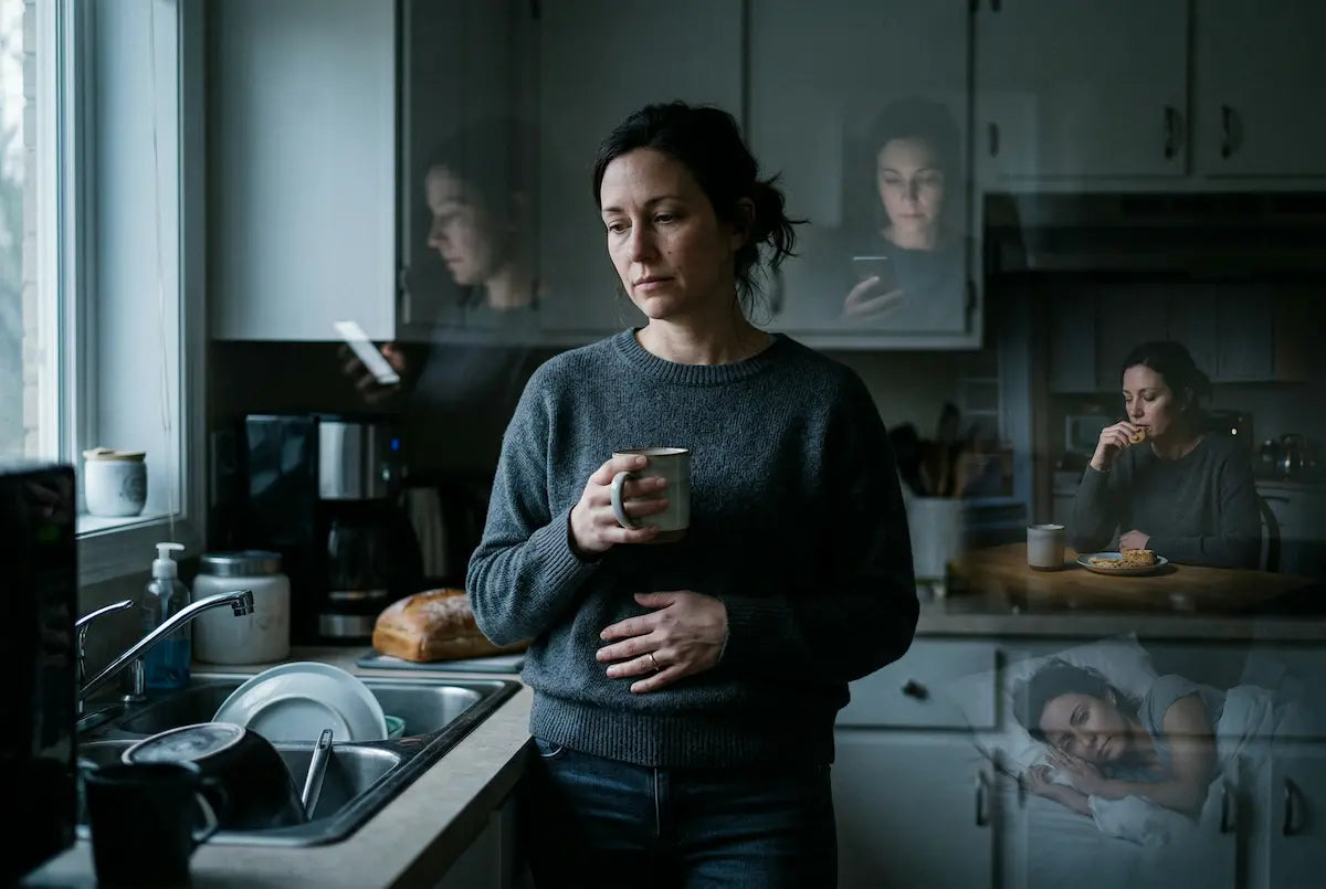 cinematic scene of a woman (30–45) in dim early morning kitchen light, slightly exhausted but composed, subtle hand on abdomen, layered ghosted overlays of stress behaviors