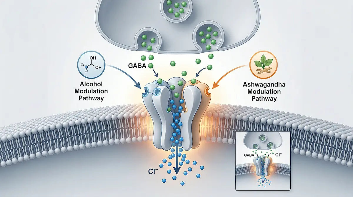 Scientific illustration of GABA receptor activity in a cell membrane, showing chloride ion flow and modulation pathways including ashwagandha effects