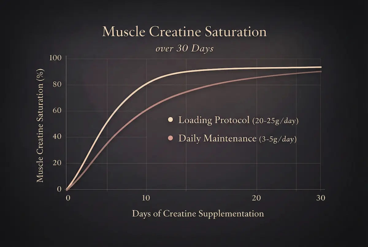 Scientific chart showing muscle creatine saturation over 30 days, comparing a loading protocol (20–25 g/day) with daily maintenance dosing (3–5 g/day).