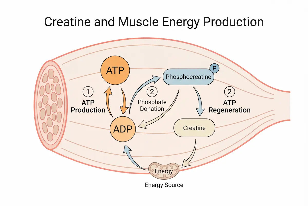 Alt text:  Diagram of creatine’s role in muscle energy, showing ATP–ADP cycling and phosphocreatine donating a phosphate to regenerate ATP inside a muscle cell.