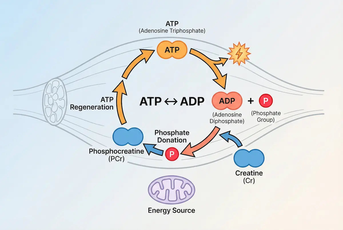 Scientific diagram of the creatine energy system inside a muscle fiber showing ATP converting to ADP