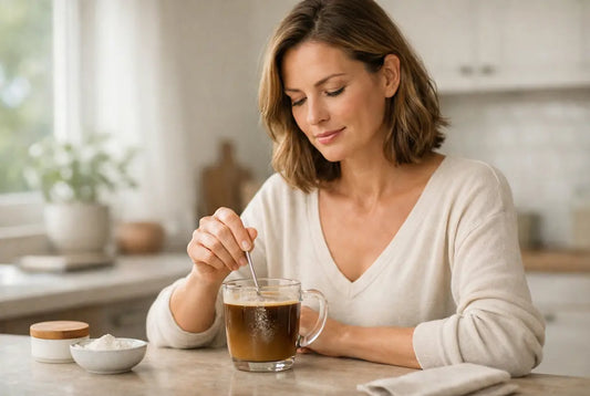 Woman in a bright kitchen stirring a powdered supplement into a glass of water, preparing a daily wellness drink.