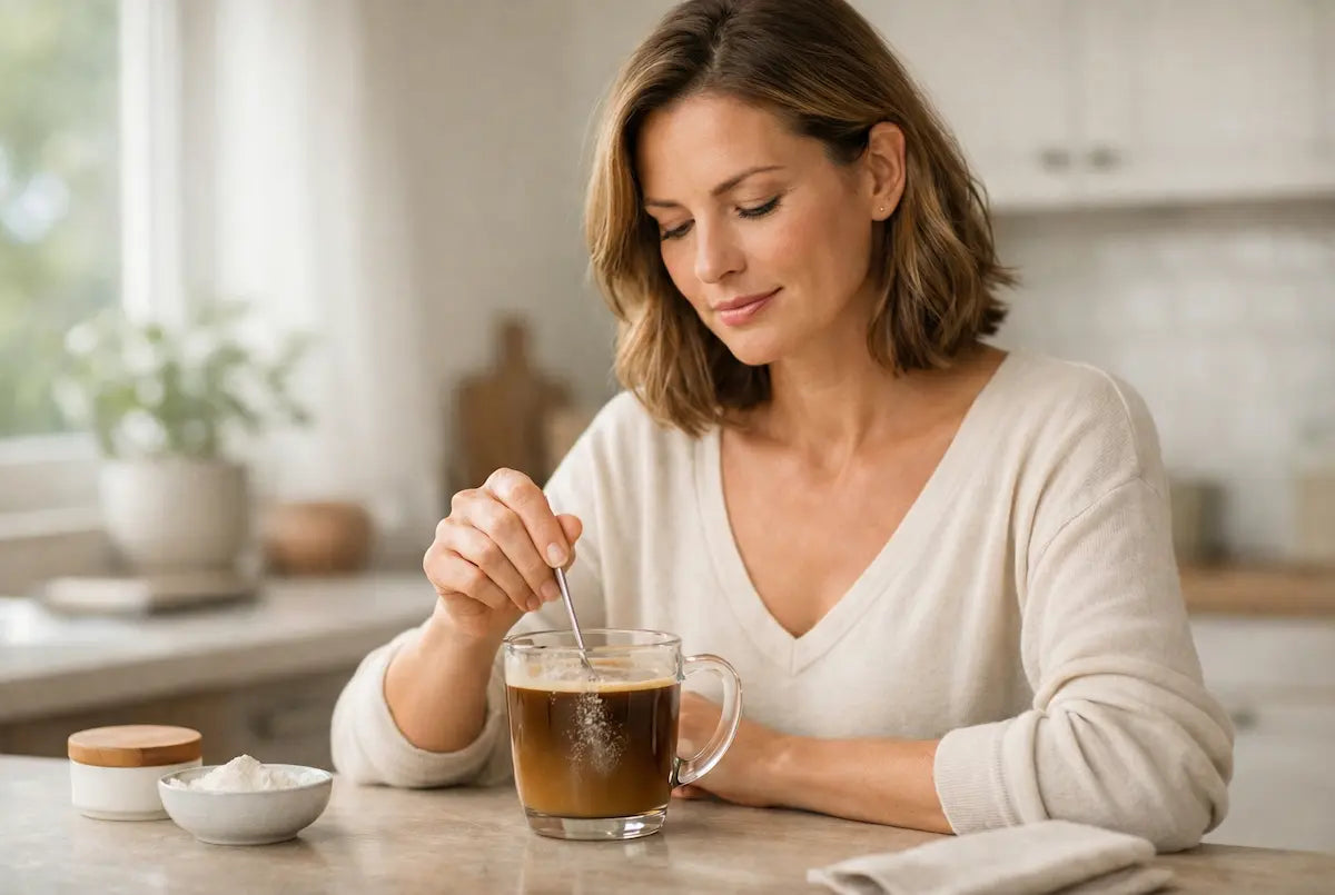 Woman in a bright kitchen stirring a powdered supplement into a glass of water, preparing a daily wellness drink.