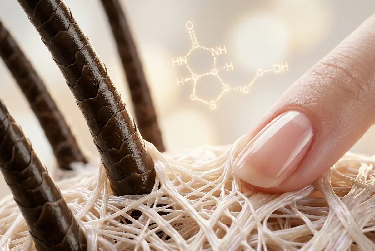 Macro beauty-science composition showing healthy hair strands and strong nails emerging from glowing keratin structure, biotin molecule subtly visualized in background, clean dermatology lab aesthetic mixed with premium beauty editorial