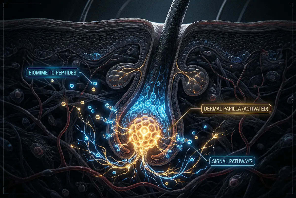 Futuristic biotech scene showing biomimetic peptides activating hair follicles, glowing signal pathways entering dermal papilla, ultra-modern medical visualization, deep contrast