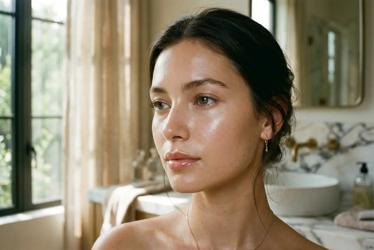 Close-up of a high-end female model's face with "glass skin" effect, morning sunlight filtering through a window, visible dewiness, radiant and healthy complexion. 