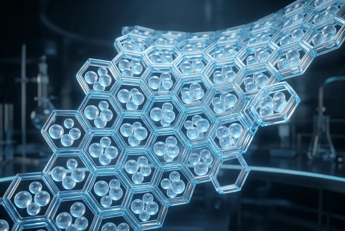 Abstract 3D architectural visualization of skin barrier: a glowing hexagonal grid structure with translucent moisture spheres nested inside. Cool blue and silver tones, laboratory precision, soft volumetric lighting, hyper-realistic materials