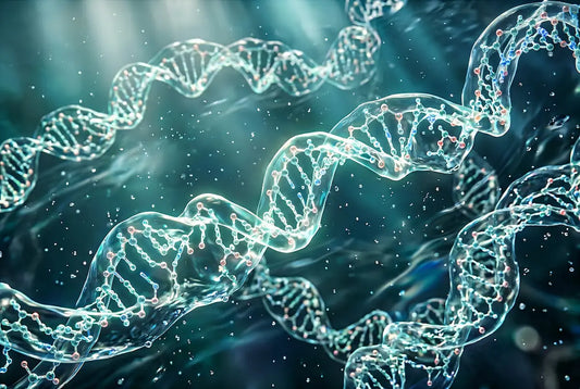 A majestic, hyper-detailed 3D model of a hyaluronic acid molecule chain, glowing with inner light, suspended in a pure water environment. 