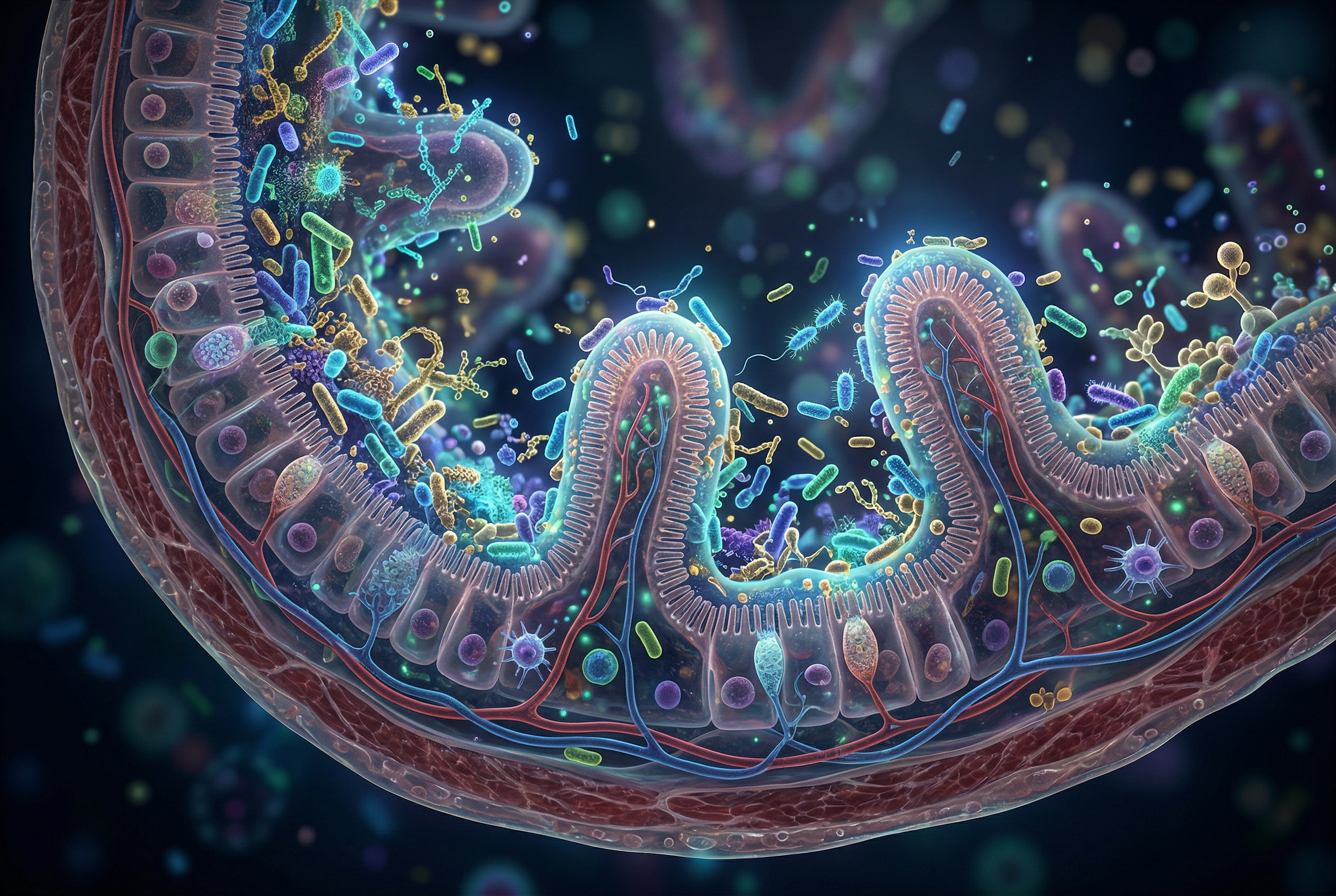 Hyper-realistic visualization of the intestinal lining showing gut microbiome activity, with diverse bacteria interacting along the intestinal villi, highlighting digestion, immune function, and microbiome balance in a scientific medical style.