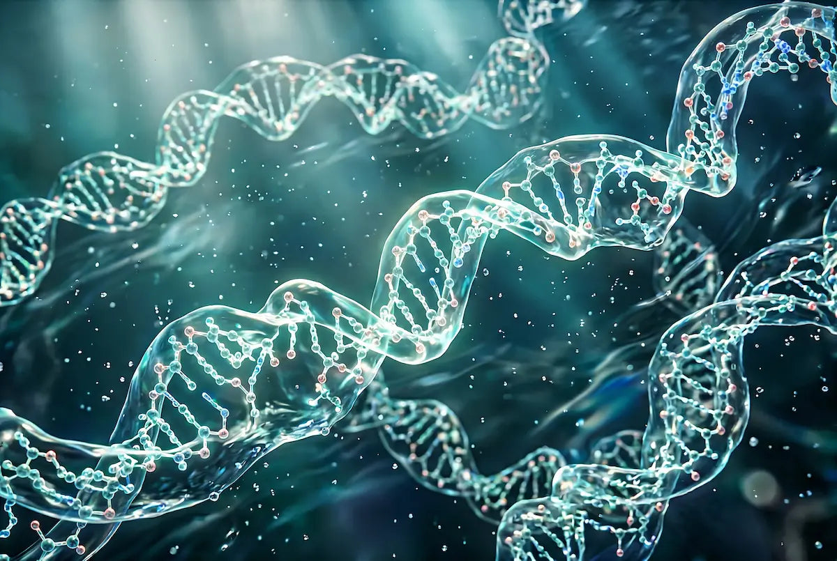 A majestic, hyper-detailed 3D model of a hyaluronic acid molecule chain, glowing with inner light, suspended in a pure water environment. 