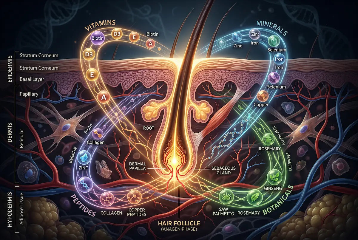 Comprehensive hair growth system visualization: vitamins, minerals, peptides, and botanicals orbiting around central hair follicle, integrated biology concept