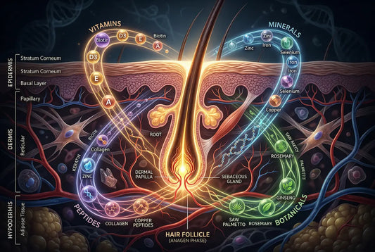 Comprehensive hair growth system visualization: vitamins, minerals, peptides, and botanicals orbiting around central hair follicle, integrated biology concept