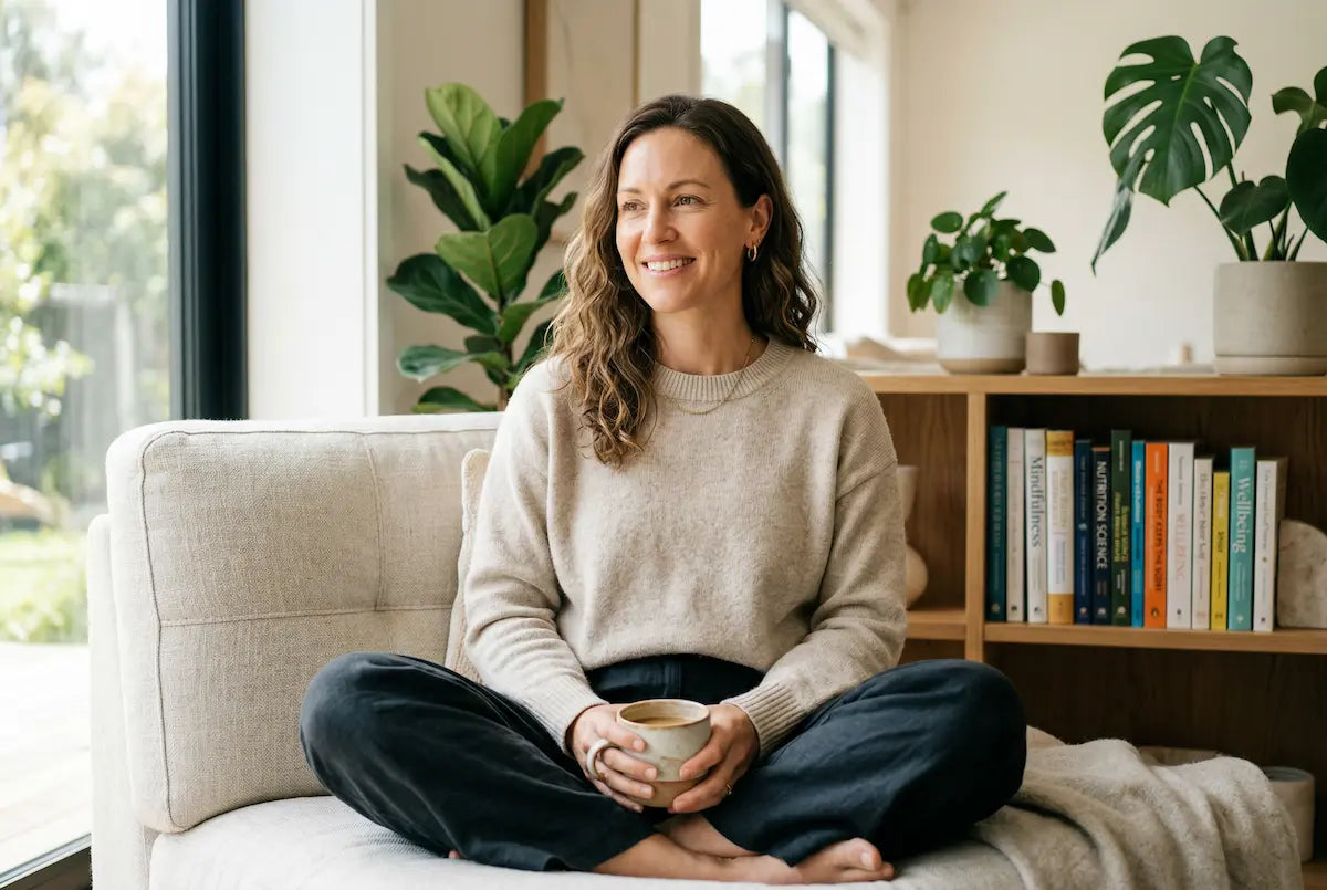 Smiling woman sitting comfortably on a sofa holding a cup, representing calm mood and overall wellbeing.
