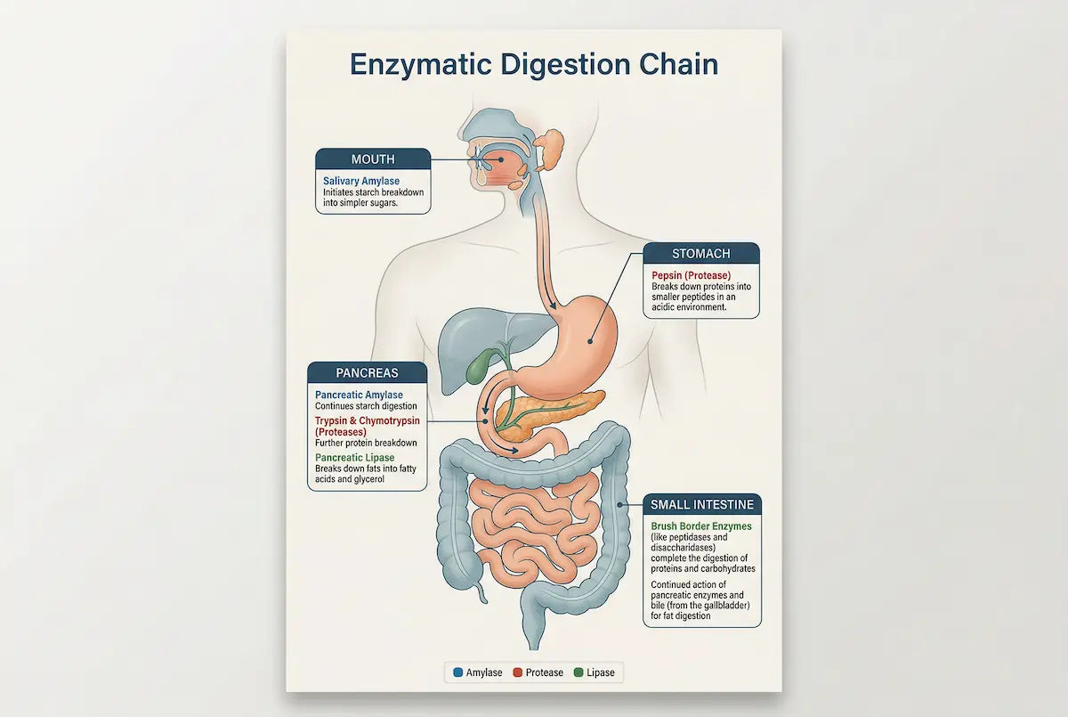 Scientific illustration of enzymatic digestion chain — mouth, stomach, pancreas, intestine, each stage highlighted with active enzymes (amylase, protease, lipase), clean layered anatomy visualization