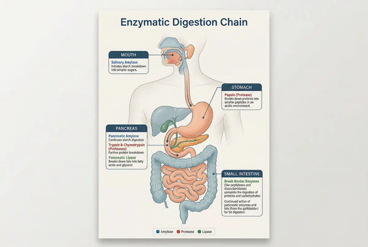 Scientific illustration of enzymatic digestion chain — mouth, stomach, pancreas, intestine, each stage highlighted with active enzymes (amylase, protease, lipase), clean layered anatomy visualization