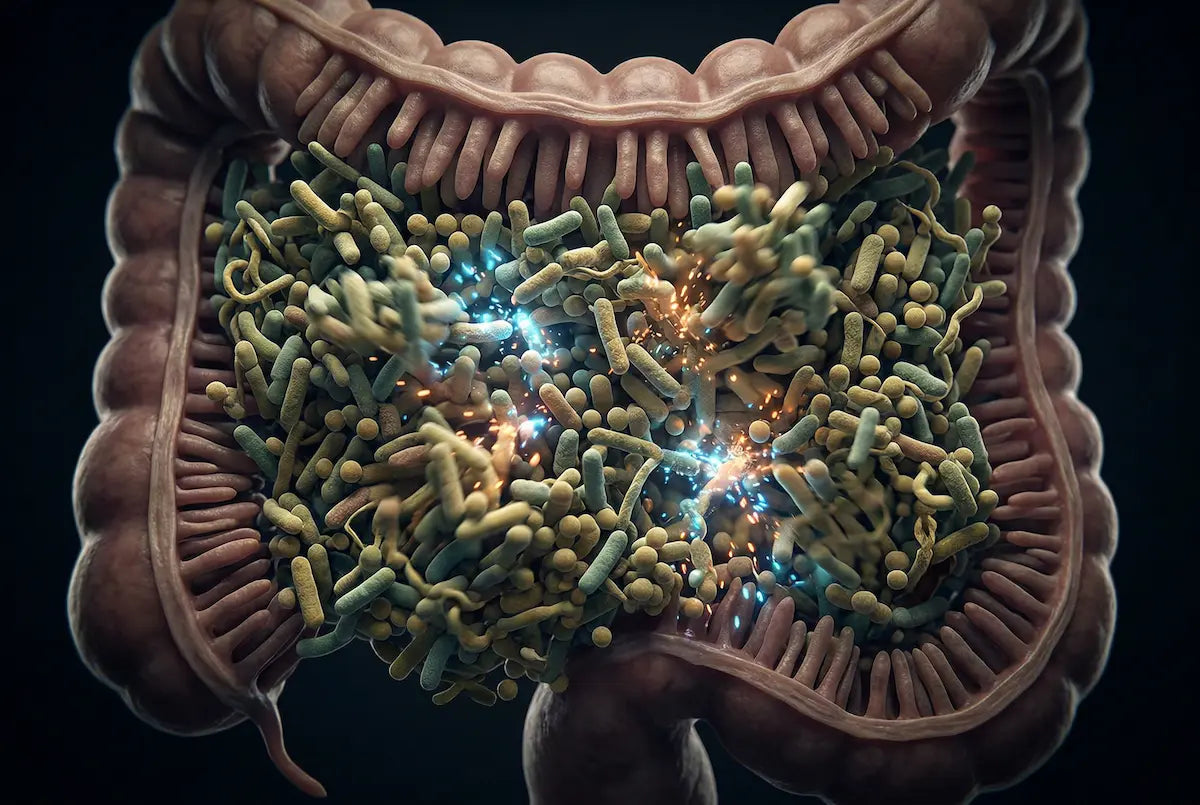 Close-up visualization of the human colon filled with diverse gut microbiota, showing active bacterial interactions within the intestinal lining.