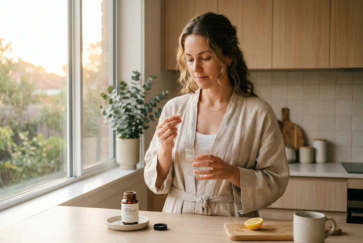 Woman in a kitchen taking a probiotic supplement with water, representing daily wellness routine.