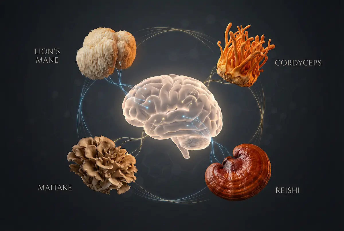 Scientific illustration of a human brain connected to functional mushrooms—lion’s mane, cordyceps, maitake, and reishi—representing cognitive support and brain health benefits.