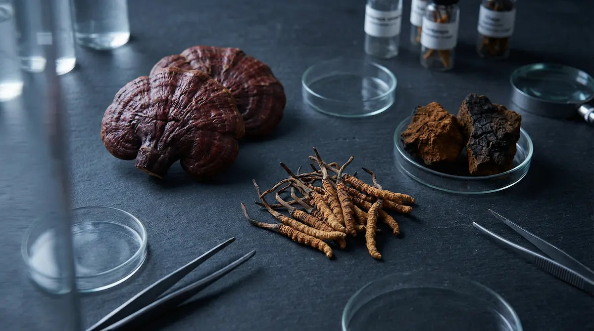 **Alt text:** Reishi, cordyceps, and chaga mushrooms displayed on a laboratory table with scientific tools, illustrating adaptogenic medicinal fungi used for stress resilience and wellness.