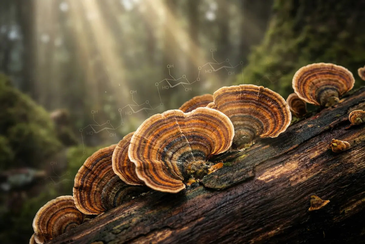 Turkey tail mushroom (Trametes versicolor) growing on a fallen hardwood log in a forest, with visible concentric bands and subtle beta-glucan molecular structures symbolizing immune-supporting compounds.