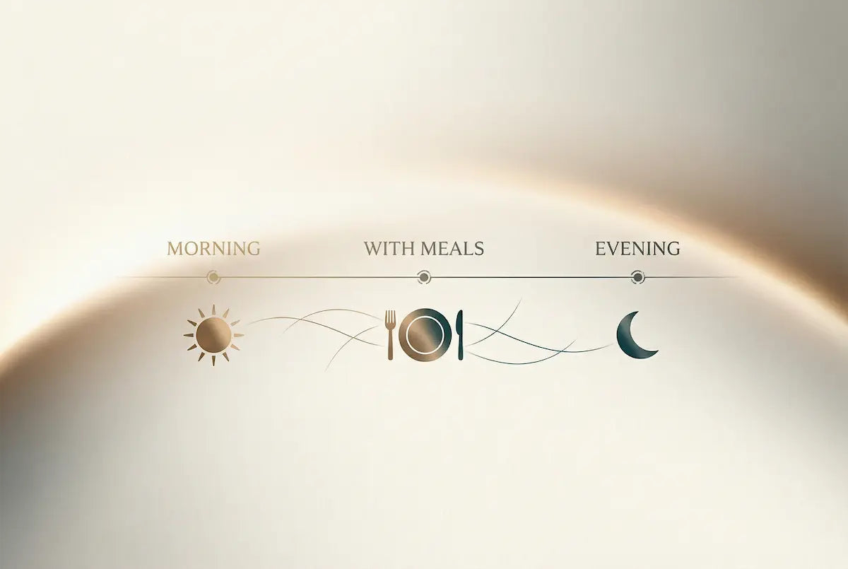 Minimalist infographic showing supplement timing: morning, with meals, and evening, illustrated with sun, plate, and moon icons.