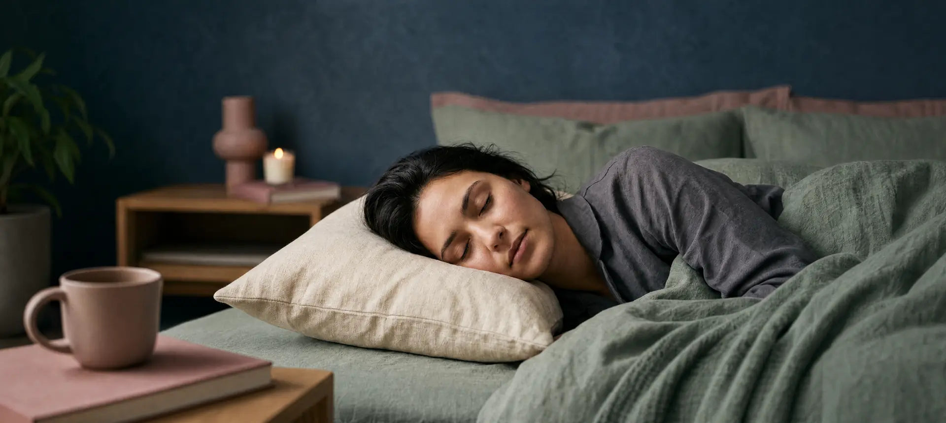 A woman is sleeping peacefully with her head resting on a pillow, her posture relaxed and her expression calm, conveying a sense of deep and comfortable rest.