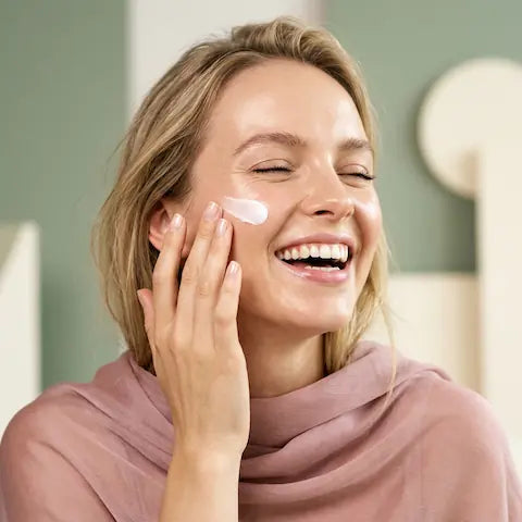 A smiling woman with freckles applying a dab of white face cream to her cheek. Clean skin, natural aesthetic, and bright lighting
