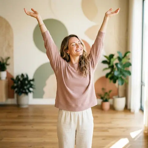 A smiling woman with curly hair holding a glass of water and taking a supplement capsule. Morning wellness routine and daily vitality.