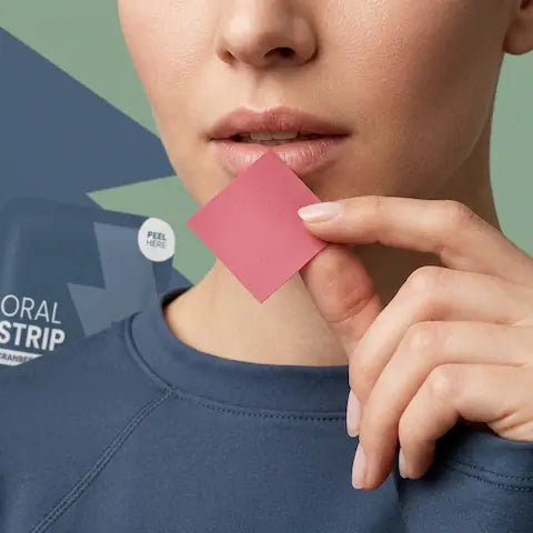 Minimalist packaging of Glenari Sleep Strips shown on a light background. The square container displays the Glenari logo, “Sleep Strips” label, melatonin and lavender ingredients, raspberry flavor, and dietary supplement information.