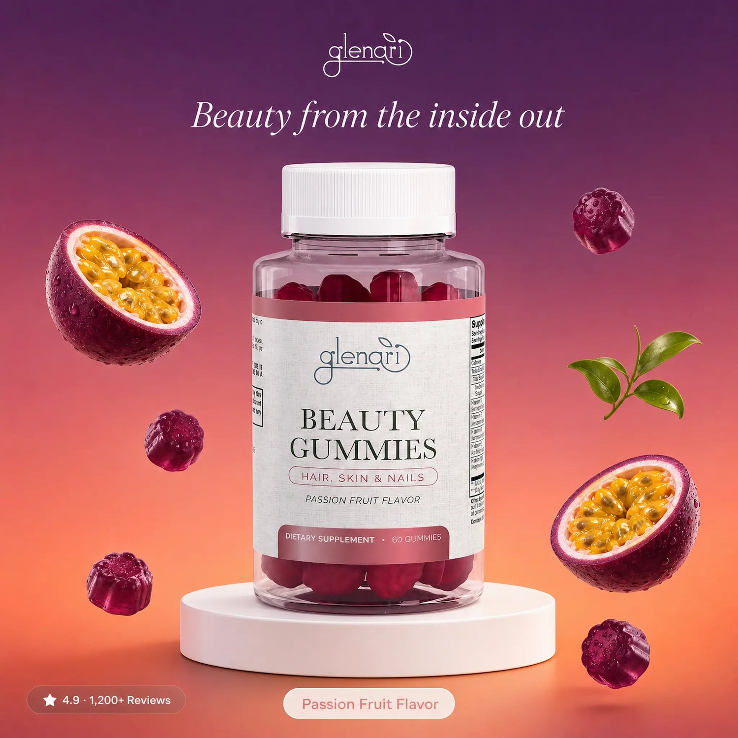 A bottle of Glenari Beauty Gummies in Passion Fruit Flavor, displayed on a white pedestal against a vibrant pink and purple gradient background with floating passion fruit halves and leaves.