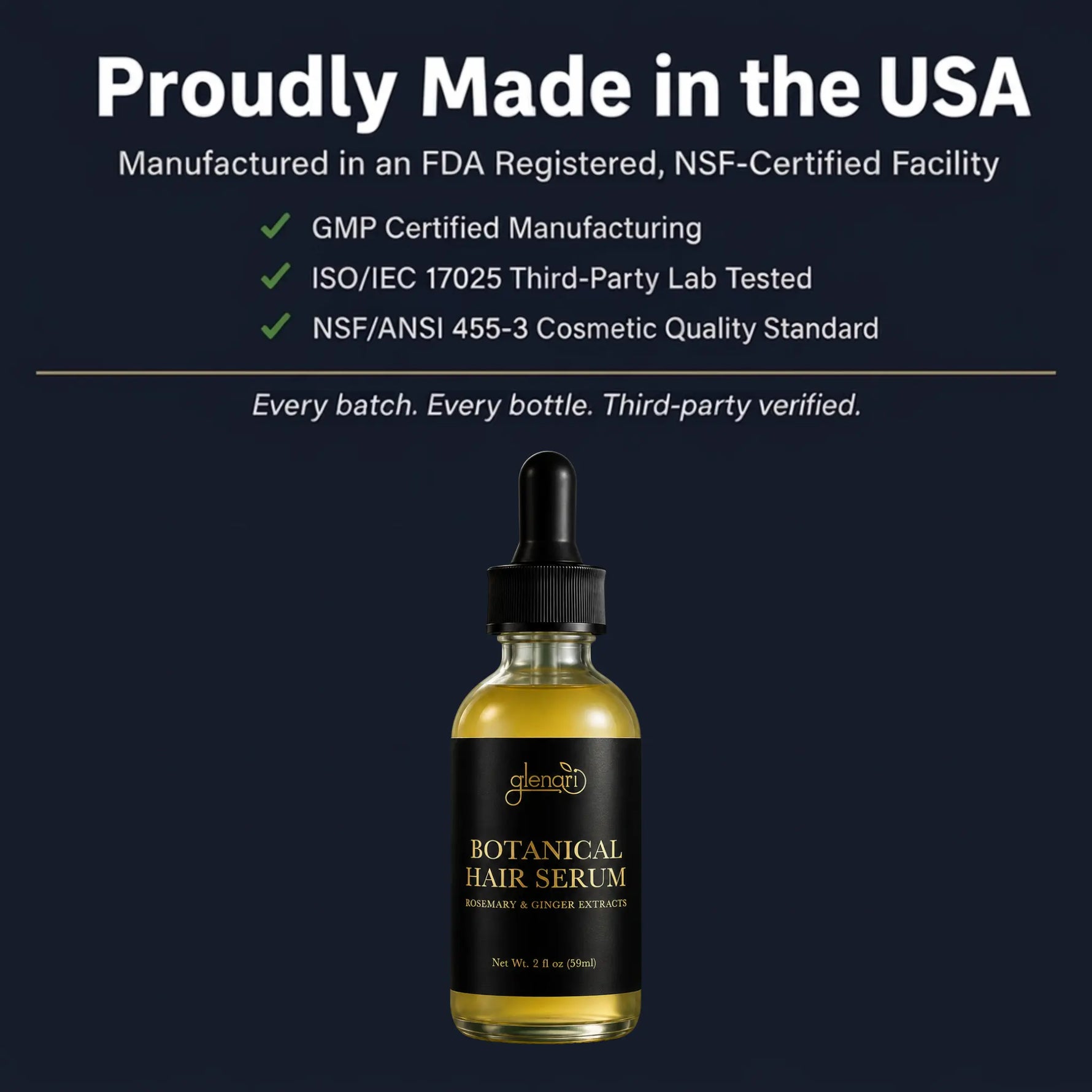 A bottle of Glenari Botanical Hair Serum with a black dropper cap and black label, filled with golden-yellow liquid, centered on a dark navy background with marketing text above.