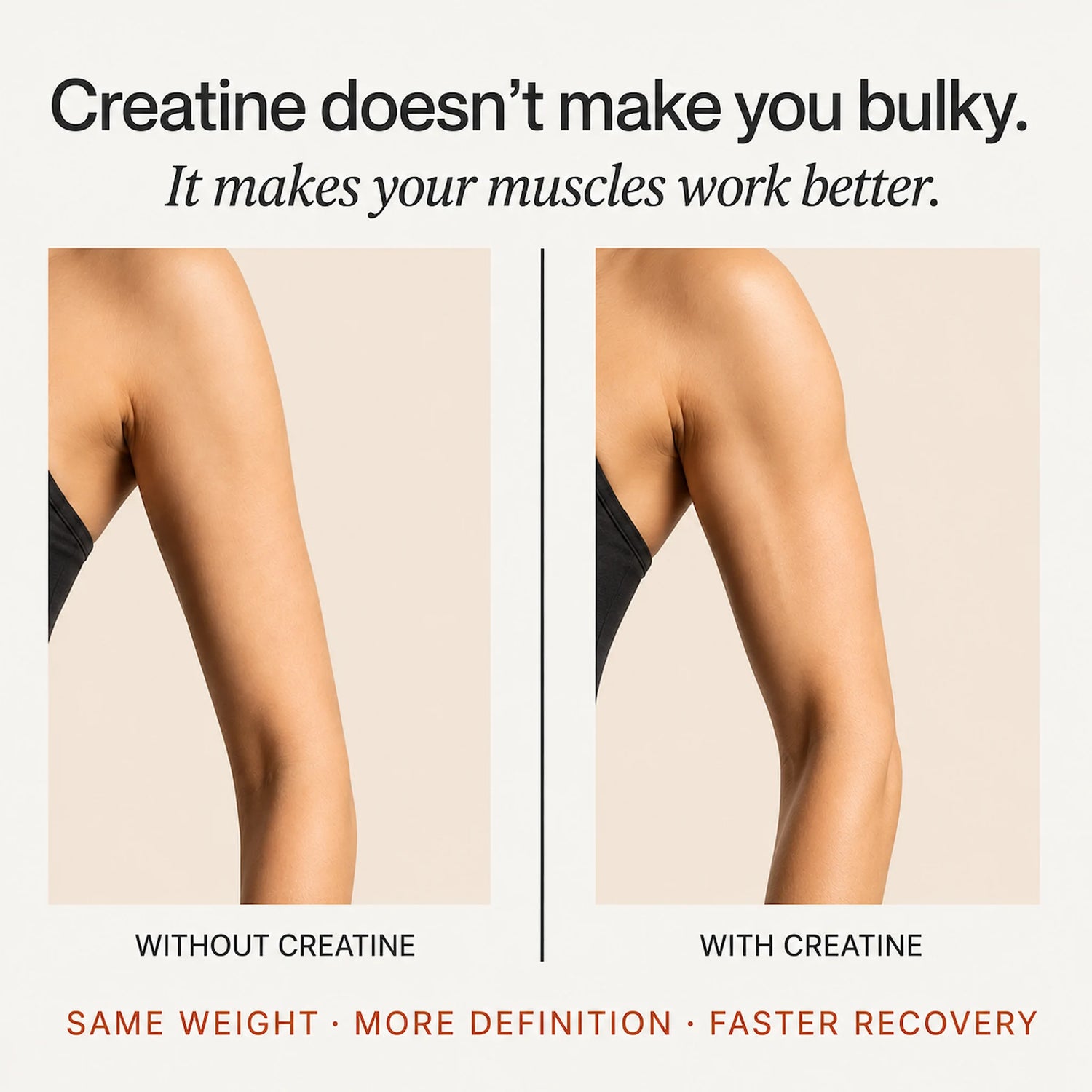 Promotional comparison graphic showing two side-by-side forearm photos labeled 'WITHOUT CREATINE' and 'WITH CREATINE,' with text above and below about creatine and muscle definition.