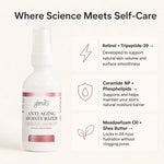 A bottle of Glenari Anti-Aging Moisturizer shown on a light beige background with three feature callouts about retinol, ceramide NP, and Meadowfoam Oil + Shea Butter.