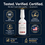 Anti Aging Moisturizer bottle centered on a dark navy promotional graphic with certification badges and text including NSF Certified Facility, US-Based Manufacturing Excellence Standards, Third-Party Lab Tested, Made in USA, pH 6.21, and Microbial Purity Passed.