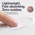 A close-up of a finger pressing into a smear of white cream with marketing text reading 'Lightweight. Fast-absorbing. Zero residue.'