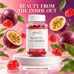 Glenari Beauty Gummies passion fruit flavor infographic with floating fresh cut fruits and red jelly vitamins.