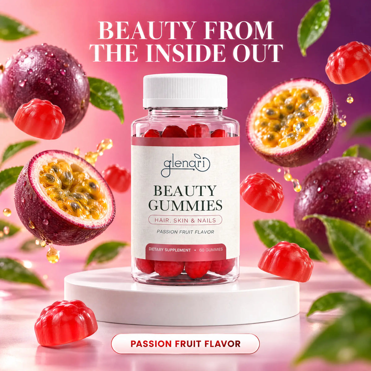 Glenari Beauty Gummies passion fruit flavor infographic with floating fresh cut fruits and red jelly vitamins.
