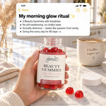 Lifestyle infographic of a woman holding Glenari Beauty Gummies for her morning glow ritual checklist.