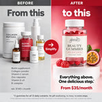 Glenari Beauty Gummies comparison infographic showing many complex supplements on the left and one simplified jar of passion fruit gummies on the right.