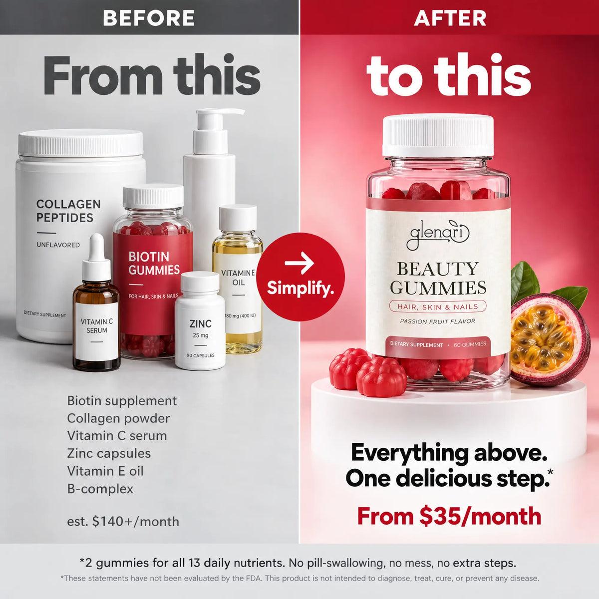 Glenari Beauty Gummies comparison infographic showing many complex supplements on the left and one simplified jar of passion fruit gummies on the right.