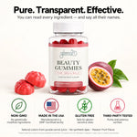 Glenari Beauty Gummies purity infographic highlighting non-GMO, gluten-free, and third-party tested badges.