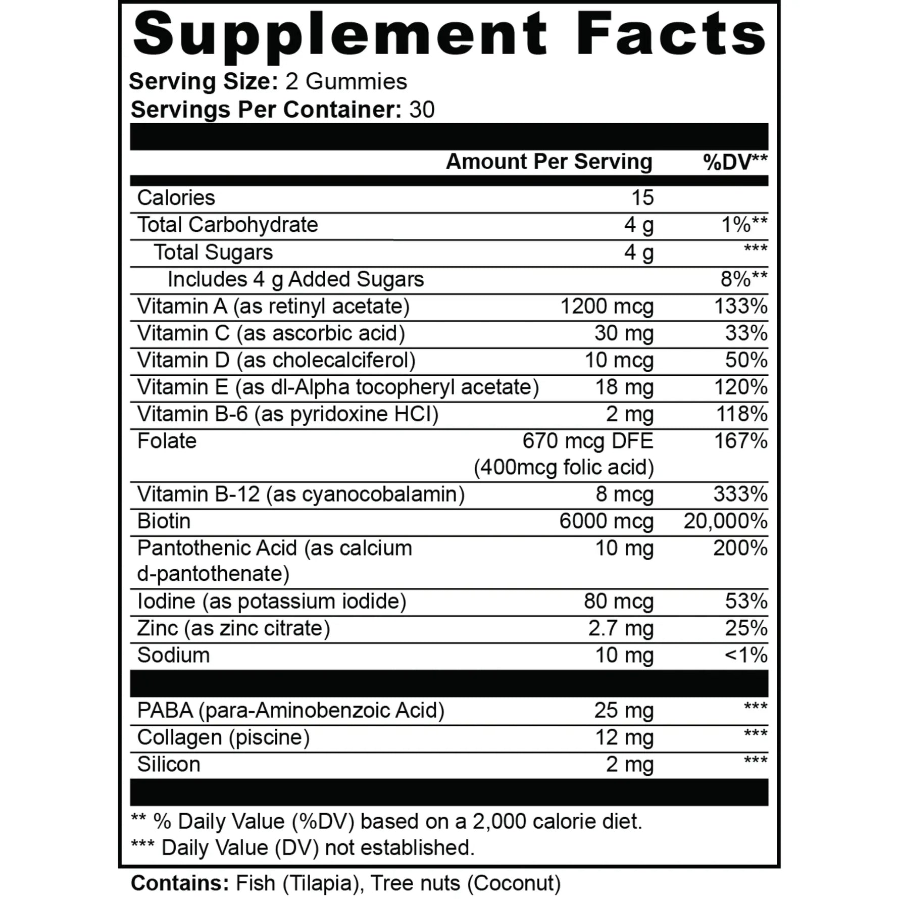 Nutritional label for Glenari Beauty Gummies supplement with detailed ingredient information.