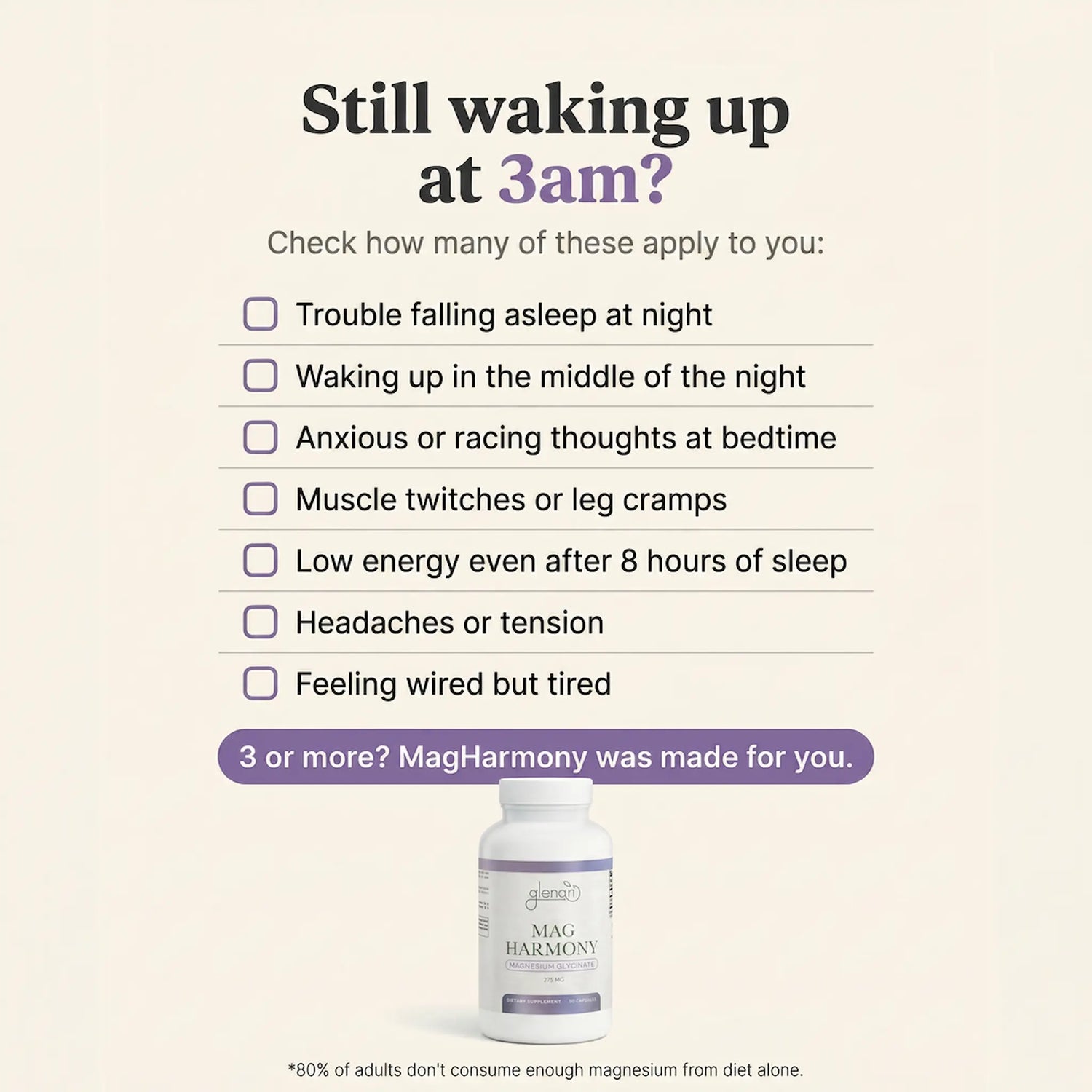 An informational graphic for MagHarmony sleep support, featuring a checklist of symptoms like trouble falling asleep at night and waking up in the middle of the night, with a purple banner stating '3 or more? MagHarmony was made for you.' and a bottle of the supplement shown at the bottom.